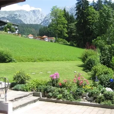 Eine grüne Wiese mit bunten Blumen und Bergen im Hintergrund. Ein ruhiger und idyllischer Gartenbereich.