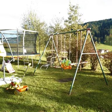 A playground in the garden with a swing and a trampoline. In the background, there are trees and a green meadow.