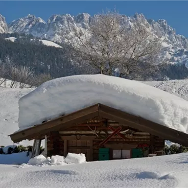 A winter landscape with a small wooden house hidden under a thick layer of snow. In the background, high mountains and a clear blue sky are visible.