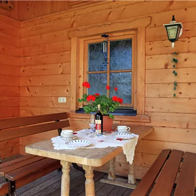 A cozy wooden porch with a table and benches. On the table stands a flower vase and dishes, surrounded by a warm, rustic atmosphere.
