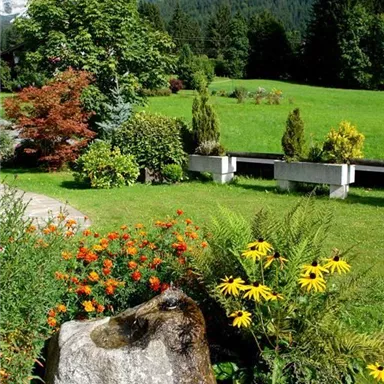A beautiful garden with colorful flowers and a large stone. In the background, majestic mountains can be seen.