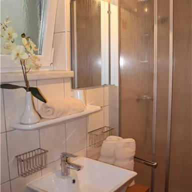 Ein modernes Badezimmer mit einem Waschbecken, Handtüchern und einer Duschkabine. Es gibt eine dekorative Pflanze und helle Fliesen an den Wänden.