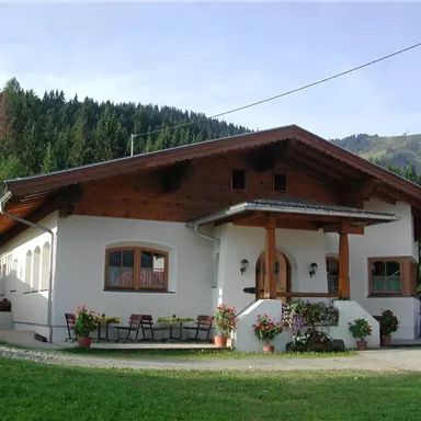 Ein charmantes Haus im alpinen Stil, umgeben von grünen Wiesen und Bergen. Die Blumen vor dem Haus verleihen einen einladenden Eindruck.