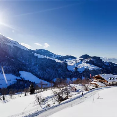 Eine verschneite Landschaft mit Bergen und einem klaren, blauen Himmel. Im Vordergrund steht ein gemütliches Haus, umgeben von schneebedeckten Bäumen.