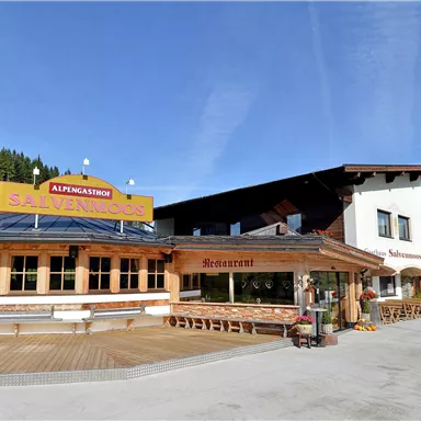 A cozy mountain inn with a large sun terrace, surrounded by green meadows and trees. In the background, majestic mountains rise under a clear blue sky.