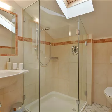 A modern bathroom with a glass shower and bright interior. It features a sink, a toilet, and natural light sources through skylights.