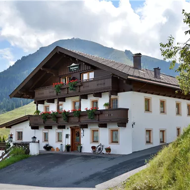 A traditional alpine building with a beautiful balcony and colorful flowers. In the background, green mountains and a blue sky can be seen.