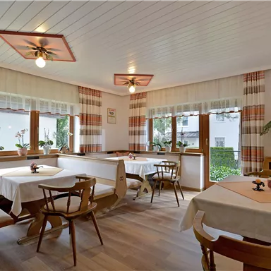 Ein helles und gemütliches Restaurant mit mehreren Tischen. Große Fenster und Pflanzen sorgen für eine einladende Atmosphäre.