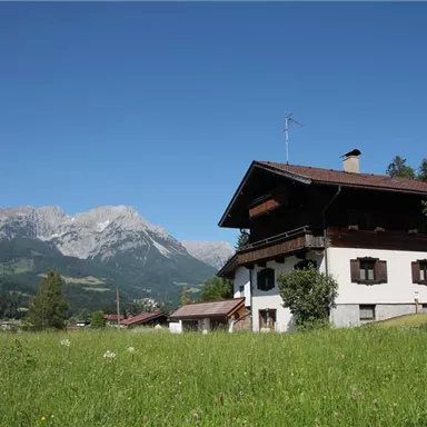 A traditional Alpine house stands in a green meadow. In the background, majestic mountains and a clear blue sky can be seen.