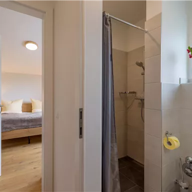 A modern bathroom with a shower and a small flower on the windowsill. In the background, a bedroom with a bed is visible.