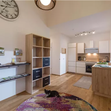 A modern kitchen with wooden shelves and a round rug is the focus of the image. There are bright walls and a cozy atmosphere.