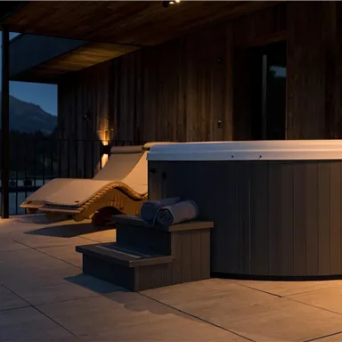 A beautiful outdoor area with a hot tub and a lounger. In the background, trees and mountains are visible, all illuminated at night.
