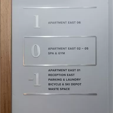 Ein Schild mit Informationen zu den Wohnungen und Einrichtungen auf verschiedenen Etagen. Es zeigt die Wohnungseinheiten und die Lage von Spa, Fitnessstudio, Parkplatz und Abstellraum.