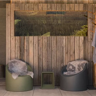 Ein gemütlicher Raum mit zwei modernen Sessel und einem Tisch. Die Wand ist aus Holz und bietet einen Blick auf die Natur.