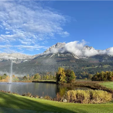 Eine malerische Berglandschaft mit einem ruhigen Teich. Im Hintergrund sind die majestätischen Berge und ein klarer Himmel zu sehen.