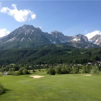 Eine malerische Landschaft mit grünen Wiesen und Bergen im Hintergrund. Die Sonne scheint am blauen Himmel, und der Blick ist atemberaubend.