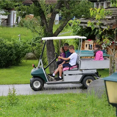 Ein Golfwagen fährt auf einem Weg durch eine grüne Landschaft. Kinder sitzen im Wagen und genießen eine Ausfahrt.