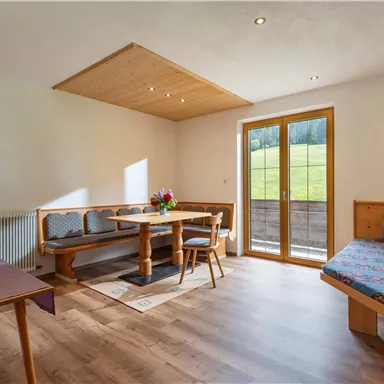 Ein helles und modernes Wohnzimmer mit einer Essecke und einem gemütlichen Schlafsofa. Große Fenster bieten einen schönen Ausblick auf die Natur.