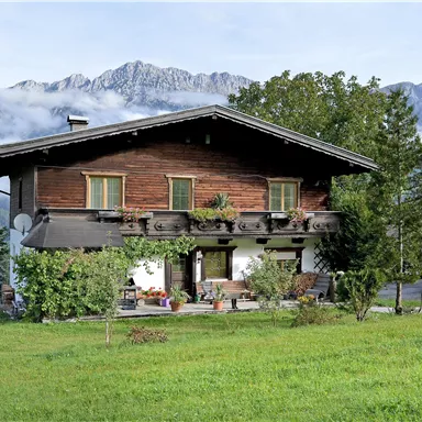 Ein traditionelles Holzhaus umgeben von Grünflächen und Bergen. Die Atmosphäre ist ruhig und ländlich.