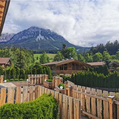 A picturesque landscape with well-maintained gardens and a view of majestic mountains. The nature is green and inviting, ideal for recreation and relaxation.
