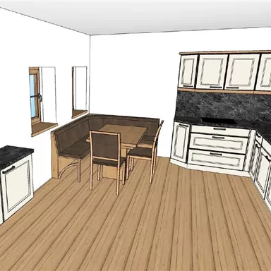 Eine moderne Küche mit hellen Schränken und einem dunklen Arbeitsbereich. Es gibt einen Essbereich mit Tisch und Stühlen.