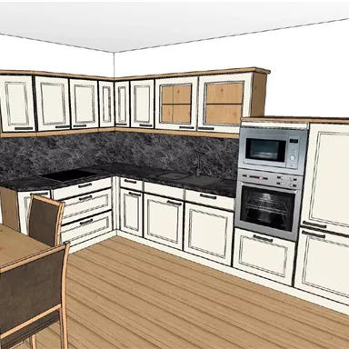 Eine moderne Küche mit eleganten, weißen Schränken und einem schwarzen Arbeitstop. Im Hintergrund sind ein Herd und ein Backofen integriert.