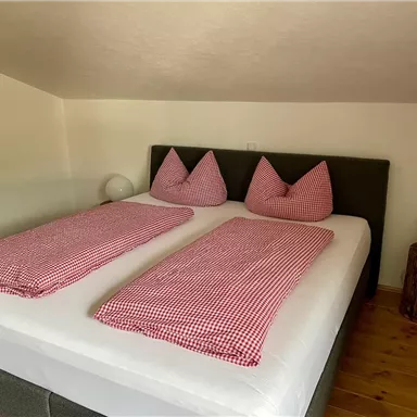 Ein gemütliches Schlafzimmer mit einem Doppelbett und karierten Bettdecken. Die Wände sind hell, und ein Holzstuhl sowie eine Lampe ergänzen die Einrichtung.