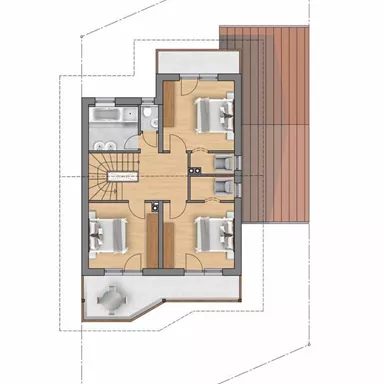 Ein Grundriss eines Obergeschosses mit vier Zimmern. Die Räume sind klar strukturiert und durch Flure miteinander verbunden.