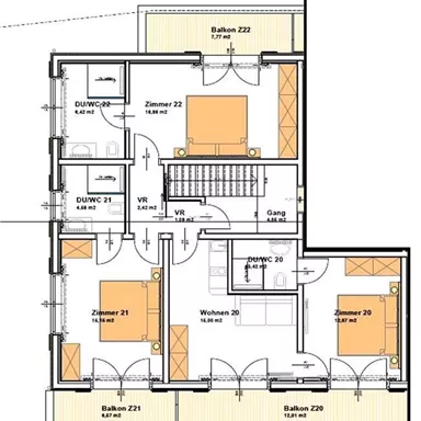 Eine Grundrisszeichnung eines Hauses mit mehreren Zimmern und Balkonen. Die Räume sind klar strukturiert und beinhalten Wohnzimmer, Schlafzimmer und Badezimmer.