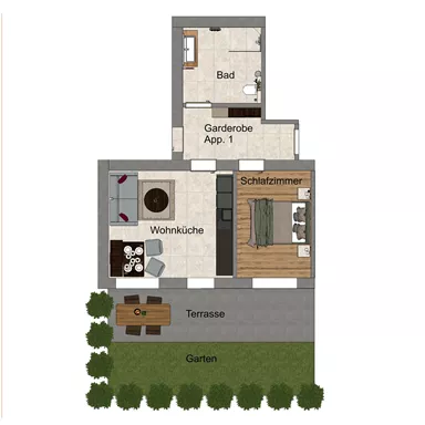 A floor plan drawing of an apartment with several rooms. There is a living room, a bedroom, a bathroom, and a terrace with a garden.