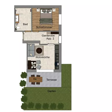 A floor plan of an apartment with different rooms. The areas include a bedroom, a bathroom, a living kitchen, and a terrace with a garden.