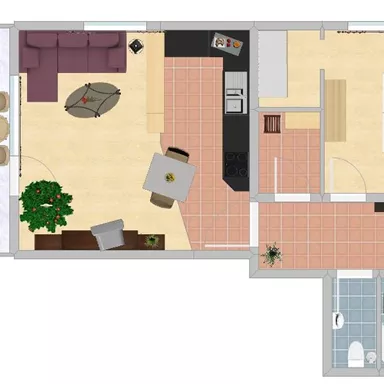 Eine einfache Grundrisszeichnung einer Wohnung. Sie zeigt einen offenen Wohnbereich mit Möbeln, ein Schlafzimmer und ein Badezimmer.