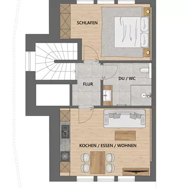 A clear floor plan drawing of an attic. The areas include a bedroom, a bathroom, a hallway, and a living or dining room.
