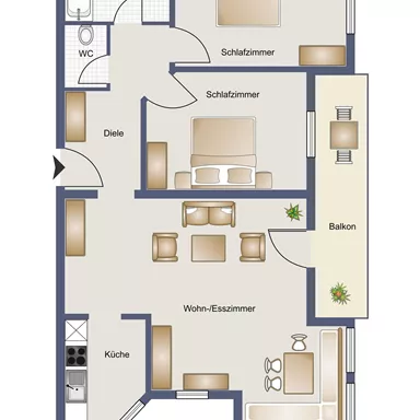 Eine Grundrisszeichnung einer Wohnung mit zwei Schlafzimmern, einem Badezimmer, einem Wohnzimmer mit Balkon und einer Küche. Die Räume sind übersichtlich angeordnet und gut gestaltet.