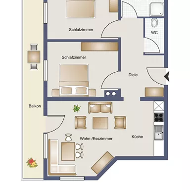 Eine Wohnungsaufteilung mit zwei Schlafzimmern, einem Wohn-Esszimmer und einer Küche. Der Grundriss zeigt auch einen Balkon und zwei Badezimmer.