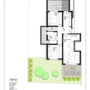 Dies ist ein Grundriss einer Wohnung mit zwei Schlafzimmern und einem offenen Wohnbereich. Die Plan zeigt auch einen Gartenbereich mit Pflanzen und Rasenfläche.