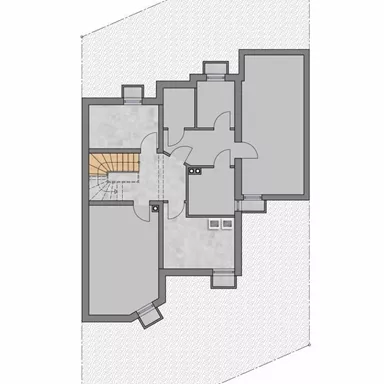 Ein Grundriss des Kellergeschosses mit verschiedenen Räumen und einer Treppe. Die Darstellung zeigt die Anordnung der Wände und Türen.