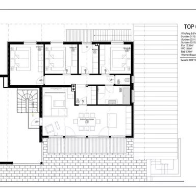 Ein Grundriss eines Hauses mit mehreren Zimmern und einem offenen Wohnbereich. Die Zeichnung zeigt die Anordnung und Ausmaße der Räume.