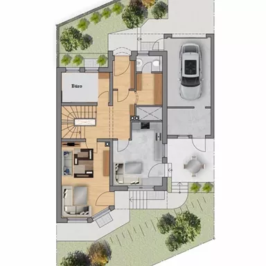Der Grundriss eines Erdgeschosses zeigt eine moderne Wohnfläche mit einem offenen Wohn- und Essbereich sowie einem Zugang zur Garage. Der Außenbereich ist von Bäumen und Rasenflächen umgeben.