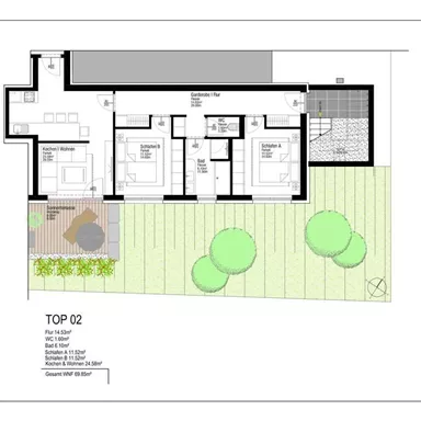 Ein Wohnungsgrundriss mit drei Schlafzimmern, einem Wohnzimmer und einer Küche. Der Plan zeigt auch einen Gartenbereich mit Bäumen.