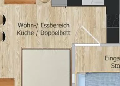 A simple floor plan drawing of accommodation. It shows a living and dining area, kitchen, a double bed, a bunk bed, and a bathroom.