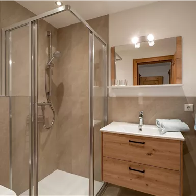 A modern bathroom with a shower cubicle and a wooden vanity. The room is well-lit and has a friendly atmosphere.