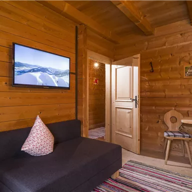 Ein gemütlicher Raum aus Holz mit einem Sofa und einem Fernseher an der Wand. Es gibt einen kleinen Tisch und einen offenen Blick zur Tür.