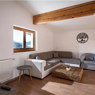 A bright living room with a cozy sofa and an armchair. Large windows offer a view of the mountains and provide plenty of daylight.