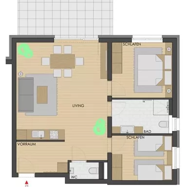 A floor plan drawing of an apartment with a living area, three bedrooms, and a bathroom. The terrace is also outlined.