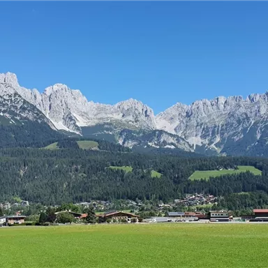 Eine beeindruckende Berglandschaft mit hohen Gipfeln und klarem blauen Himmel. Im Vordergrund eine grüne Wiese und kleine Gebäude.