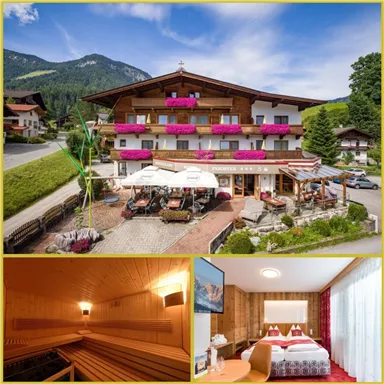 Ein charmantes Hotel in den Bergen mit blühenden Balkonen. Unten sind eine Sauna und ein gemütliches Zimmer zu sehen.