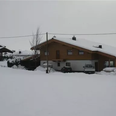 Ein schneebedecktes Landschaftsbild mit zwei Häusern. Die Umgebung ist ruhig und winterlich.