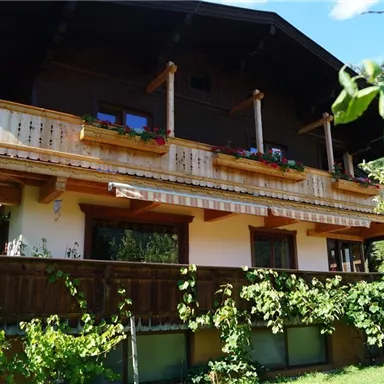 Ein charmantes Holzhaus mit einem Balkon und blühenden Pflanzen. Umgeben von grünen Bäumen und Sträuchern strahlt es eine einladende Atmosphäre aus.