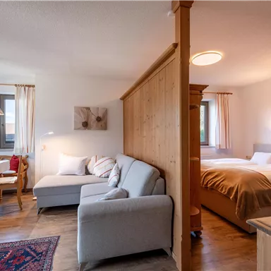 A cozy living room with a sofa and a dining table. On the other side of the room is a bedroom with a double bed.